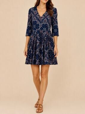 Wren Boho Mini Dress Size XS Navy Blue Paisley Print 100% Cotton 3/4 Sleeve
